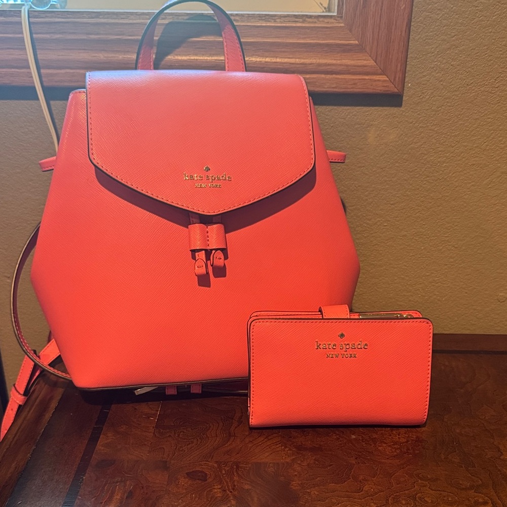 Kate Spade Coral Backpack with Matching Wallet